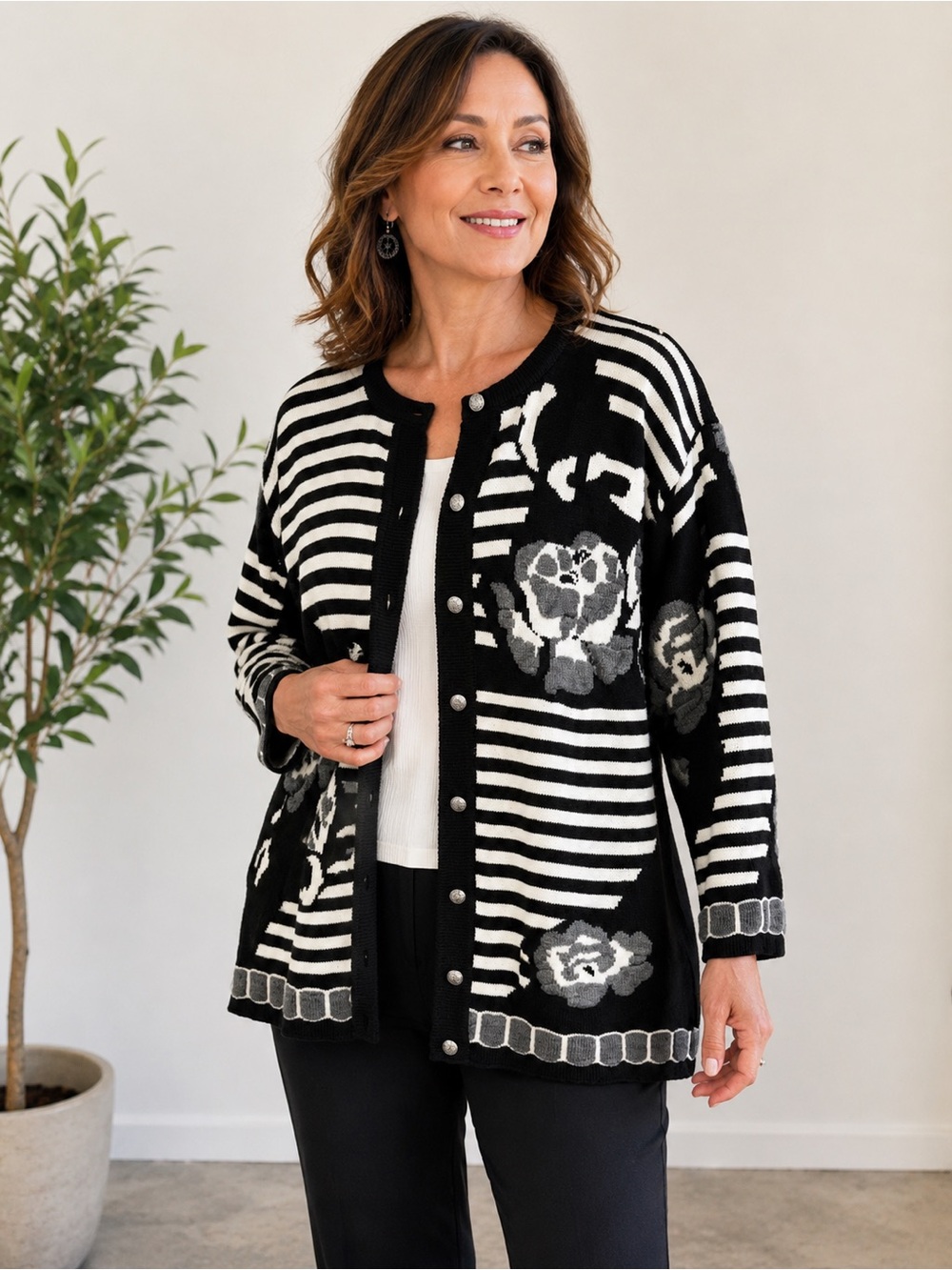 Vintage Black White Floral Striped Knit Cardigan | Art-to-Wear Oversized Button
